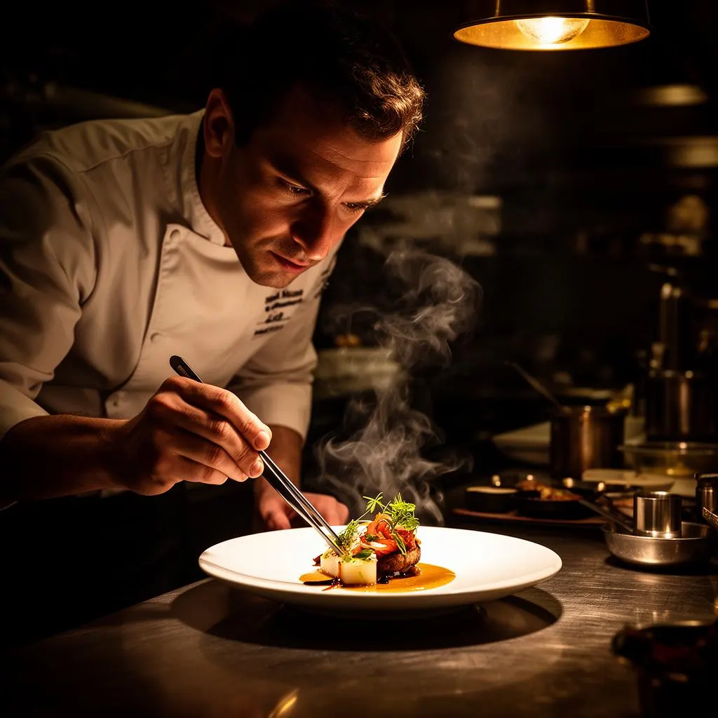 Chef plating at a luxury restaurant pass