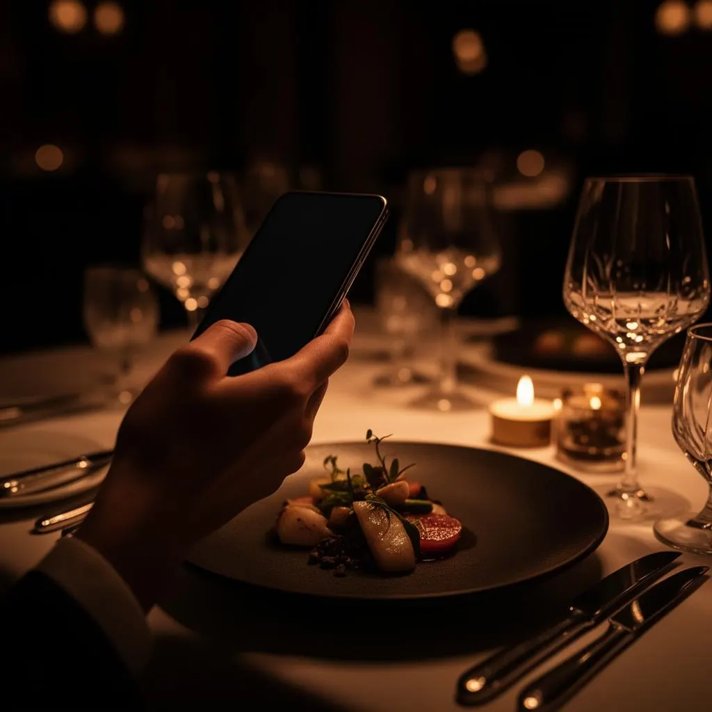 A guest holding a phone at a candlelit restaurant table